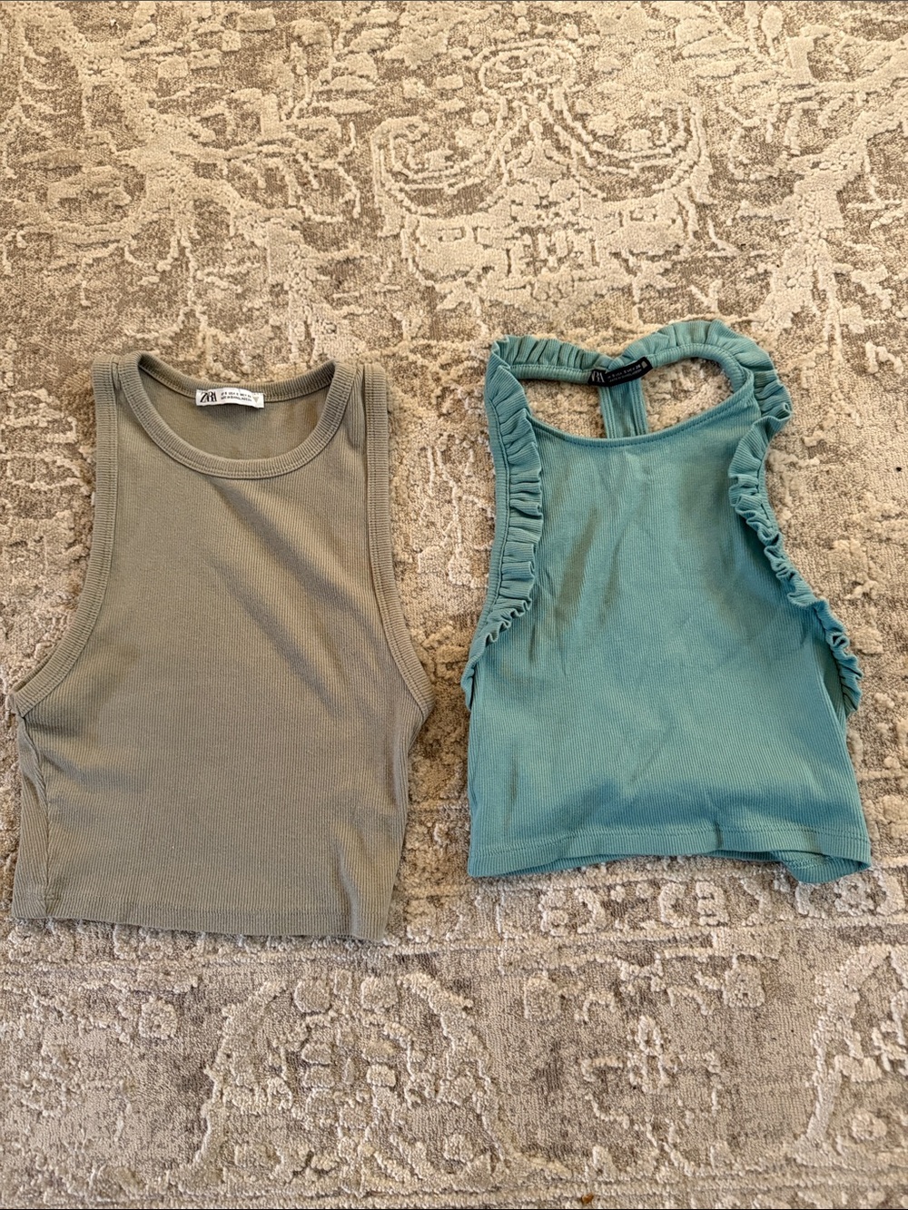 Zara Teal Ruffled Racerback Crop Tank Top and Tank